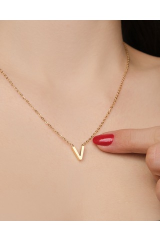 Lekka Design Kadın Kararmaz Çelik Takı V Harf Kolye Altın