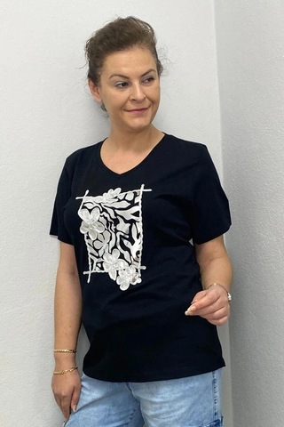 Kadın Siyah Gümüş Baskılı Tshirt Siyah