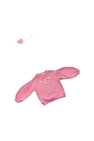 Kız Çocuk Kalın Kalp Detaylı İçi Şardonlu Sweatshirt-14668 Pembe