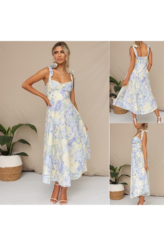 Yazlık Kadın Elbise İnce İnce Belli V Yaka Boyundan Bağlamalı Baskılı Orta Boy Elbise Mavi