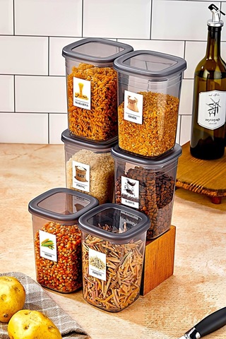 6 Adet Etiketli Square Kare Erzak Saklama Kabı Seti 1200 Ml - Sert Kapak 1.2 Litre Çok Renkli