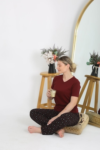 Akbeniz Kadın Kısa Kol Pamuk Penye Pijama Takım Bordo 4214-bordo Bordo