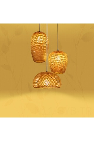 Symbee Yeni Tarz Bambu Örgü 3 Aydınlatmalı Avize - Yeme Salonu, Ofis, Yatak Odası, Balkon İçin Modern Çin Stili Dekoratif Aydınlatma Haki