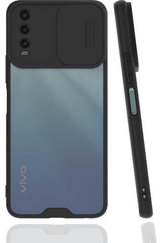 Noktaks - Vivo Uyumlu Vivo Y11s - Kılıf Slayt Sürgülü Arkası Buzlu Lensi Kapak - Siyah
