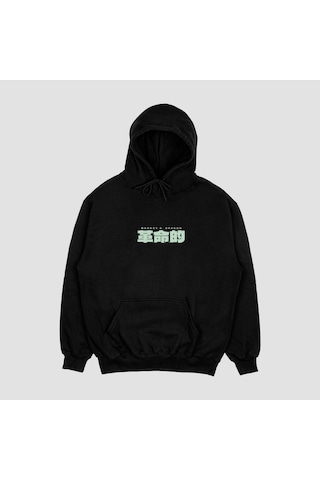 Unisex Siyah Dragon Baskılı Hoodie Oversize Kapşonlu Sweatshirt Siyah