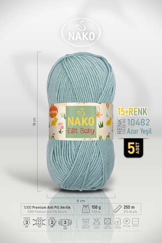 Elit Baby - 10482 Azur Yeşil - 5'li Paket - 100gr/250m - Bebek İpi - Anti Pilling Tüylenmez İp