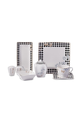 Korkmaz A8573 Link Collection 28 Parça Kare Kahvaltı Takımı Beyaz - Siyah
