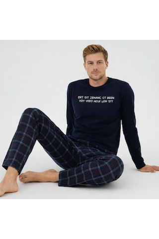 Charme Noveya Pamuklu Lacivert Erkek Pijama Takımı Uzun Kollu, Kareli Alt, Rahat Kalıp Ev Giyimi Lacivert
