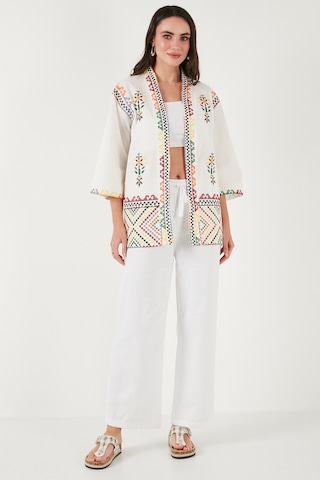 Lela Nakış Işlemeli Pamuklu Oversize Fit Truvakar Kol Bayan Kimono 676272 Ekru