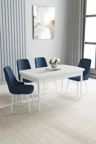 Zümra Serisi, Beyaz 80x132 Açılabilir Mdf Mutfak Masası Takımı 4 Adet Sandalye, Lacivert