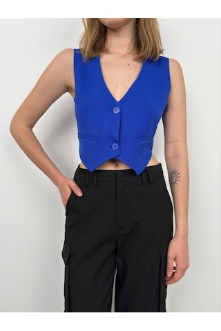 Vuvutasarım Yeni Sezon Düğme Detaylı Crop Kadın Saks Yelek 23s12005 Saks Mavi