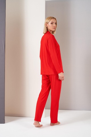 Pjs Kadın Gömlek Yaka Önden Düğmeli Uzun Kollu Pijama Takım Kırmızı