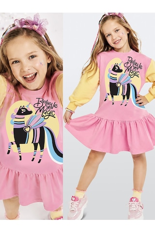 Deno Kids Denokids Kız Çocuk Unicorn Baskılı Pamuklu Elbise Pembe Renkli Kollu Rahat Ve Eğlenceli Tasarım 3-8 Yaş Çok Renkli