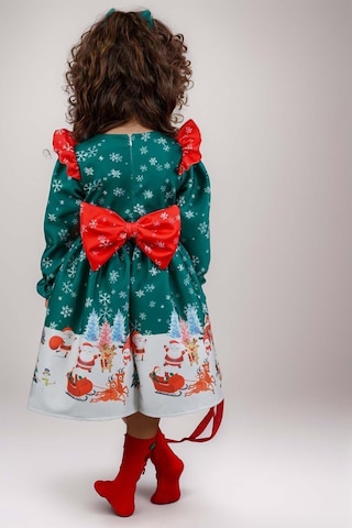 Riccotarz Kız Çocuk Omuzları Fırfırlı Geyik Ve Kar Tanesi Baskılı Yeşil Noel Elbise Yeşil