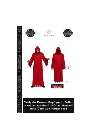 Yetişkin Kırmızı Kapüşonlu Cellat Hayalet Kostümü 140 Cm Maskeli Balo Özel Gün Farklı Tarz
