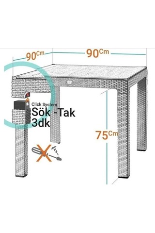 90x90 Cm Rattan 4 Kişilik Kare Masa Seti Kolsuz Sandalye Antrasit