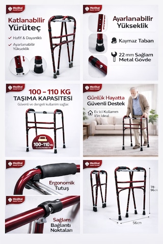 Eylux Hasta Yürüteci Walker Yürüteç 4 Ayaklı Metal 22 Mm Yürüteç Ayarlanabilir Boy Walking Aid Product