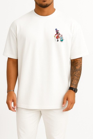 Bahriyeli Collection Oversize Tinker Bell Captain Hook Peter Pan Smee Poster Cep Ve Sırt Tasarımlı Unisex T-shirt Beyaz
