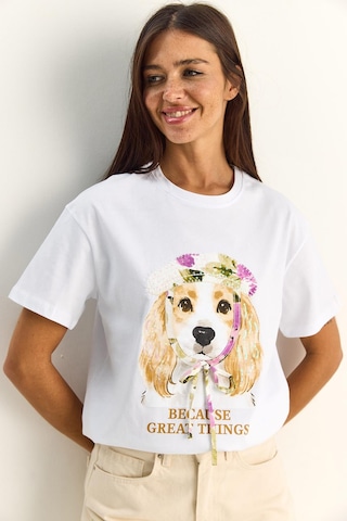 Shade Kadın Baskı Ve Payet Detaylı Fiyonklu Basic T-shirt 7643 60286115 - Beyaz