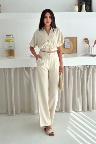 Düğme Detaylı İkili Takım Krem Krem