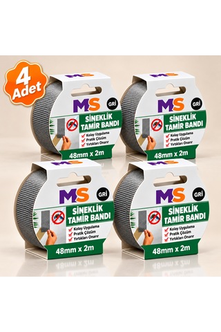 4 Adet Yapışkanlı Gri Sineklik Tamir Bandı 48 Mm X 2 Metre Yaması Tülü Bantı Delik Onarımı Yapıştırma 48 x 48