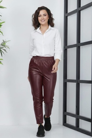 Hb Harma Time Butik Kadın Beli Lastikli Cepli Deri Bordo Pantolon Bordo Bordo