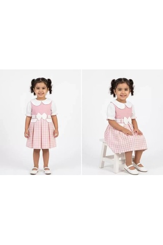 Veraura Lifestyle 1/4 Yaş Kuğu Yakalı Ekose Çocuk Elbisesi Pembe