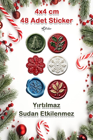 Yılbaşı Mühür Sticker 4x4 - 48 Adet - Suya Dayanıklı Yeni Yıl Yılbaşı Sticker, Hediye Paketi Süsü