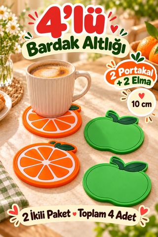 4'lü Portakal Elma Desenli Bardak Altlığı Seti 10 Cm Kahve Çay Fincan Altlığı Renkli Sunum Aksesuarı Çok Renkli