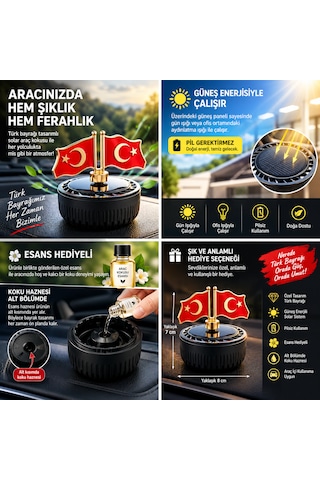 Türk Bayrağı Tasarımlı Güneş Enerjili Torpido Üstü Araç Kokusu Metal Bayrak Pilsiz Solar Oto Koku Esans Koku Hediyeli 1 Adet