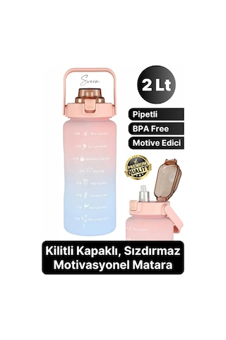 Premium 2 Lt Pipetli Kilitli Sızdırmaz Kapaklı Tutma Saplı Motivasyon Suluk Matara Sporcu Su Şişesi