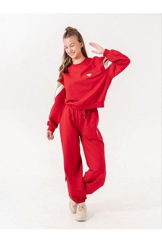Kız Çocuk 2 İplik Kalp Aplikeli Tasarım Eşofman Takım-14216 Kırmızı