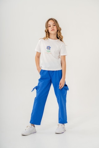 Mısstuffy Kız Çocuk Pamuklu T-shirt Keten Pantalonlu Yazlık Takım 6-9 Yaş Beyaz - Mavi