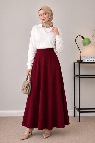 Unika Boutique Kadın Scuba Beli Lastikli Kloş Etek Bordo