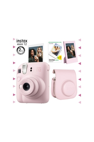 Fujifilm Instax Mini 12 Fotoğraf Makinesi + 20'li Film + Çerçeve + Deri Kılıf Seti Pembe