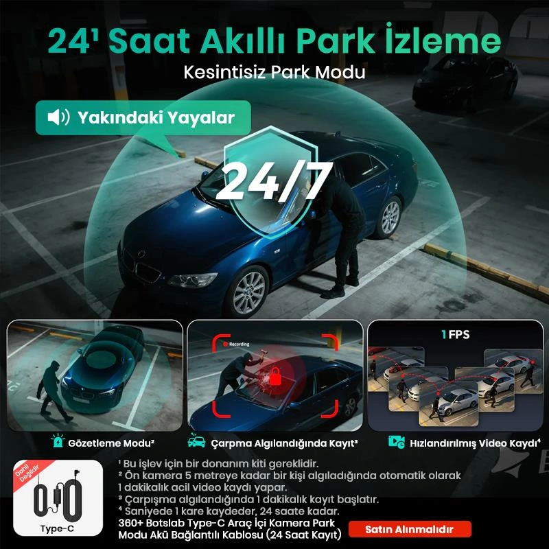 360+ Botslab G980h Pro 4k 3 Kameralı Wifi+gps Akıllı Araç İçi Kamera +170 Geniş Açı+süper Kapasitör+sesli Kontrol+gece Görüşlü 128gb Hafıza Kartı Hediyeli