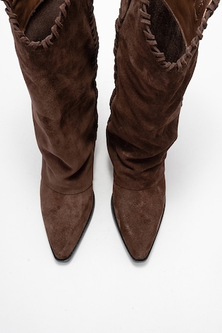 Luvishoes Velın Kahverengi Süet Hakiki Deri Dikişli Kadın Western Çizme Kahverengi