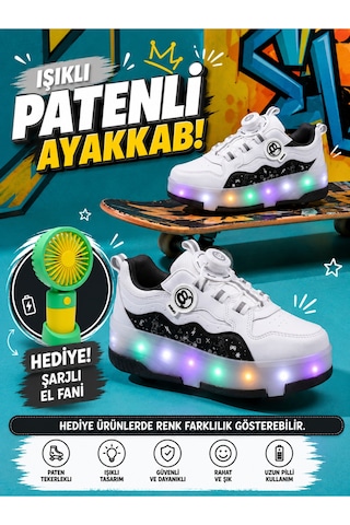 Undergrand Işıklı Patenli 4 Tekerlekli Spor & Paten Dönüşümlü Çocuk Ayakkabısı Beyaz-siyah