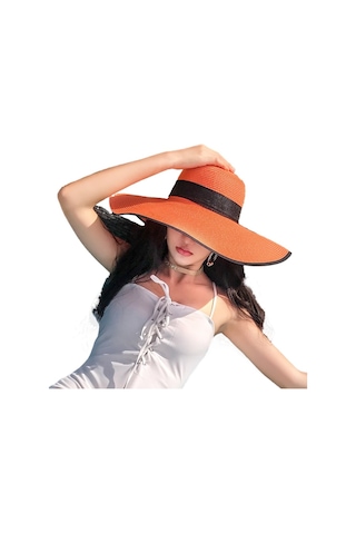 Geniş Kenarlı Egzotik Desenli Plaj Şapkası Kadınlar İçin Güneşten Koruyucu Yazlık Hasır Şapka Modelleri Turuncu