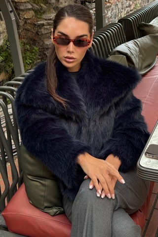 Lacivert Yumuşak Dokulu Kadın Kürk Mont Mg2204 Lacivert
