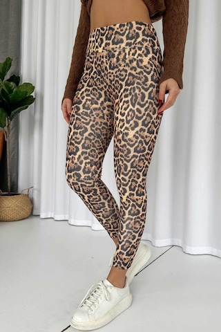 Mine Tan Butik Leopar Desen İçi Şardonlu Kadın Toparlayıcı Tayt - Sarı Sarı