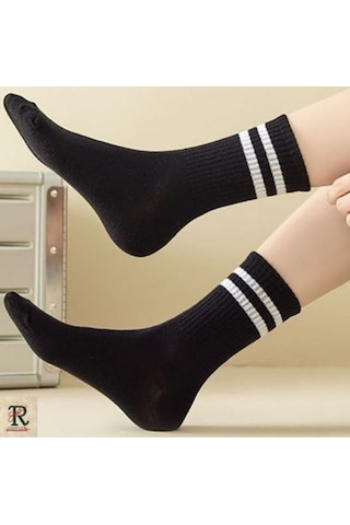 Trampler Unisex 5'li Kolej Çemberli Çorap Siyah Tenis Çorap Siyah - Beyaz