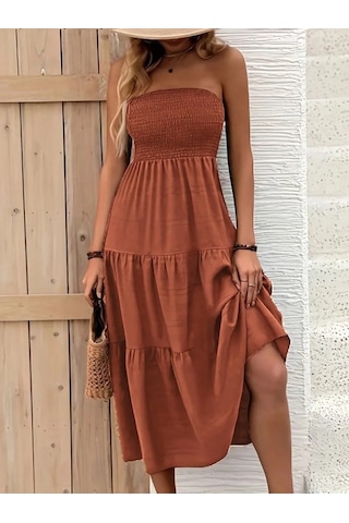 Kadın Straplez Göğüsten Lastikli Kloş Aerobin Uzun Elbise Turuncu