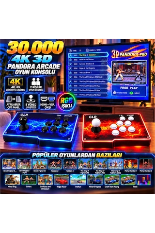 30.000 Oyunlu 4k 3d Rgb Pandora Arcade Oyun Konsolu 2 Kişilik Ayrılabilir Çift Panel Hdmı Vga