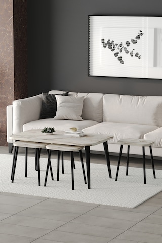 Roma Orta Sehpa Metal Ayaklı , 4+1 Orta Sehpa , 100 X 60 X 50 Cm Siyah Metal Beyaz Mermer