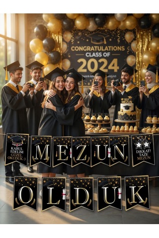 Mezun Olduk Mezuniyet Banner Siyah Gold Parti Süsü Dekorasyon Afişi Diğer