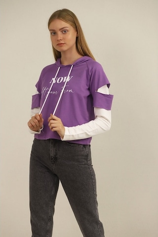 Gabria Kadın Kapşonlu Desenli Sweat Mor