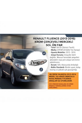 Renault Fluence 2013-2016 Model Arası Krom Çerçeveli Mercekli Far Sol 1 Adet