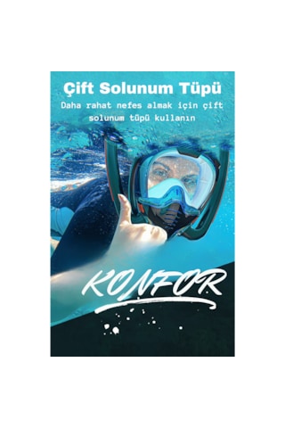 Techtic Çift Tüp Silikon Şnorkel Tam Yüz Dalış Maskesi Fullface Kırmızı - Siyah