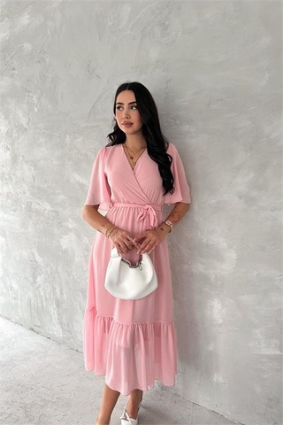 Neşeli Butik Kadın Kruvaze Yaka Kuşaklı Şifon Elbise Nbk4115 Pembe